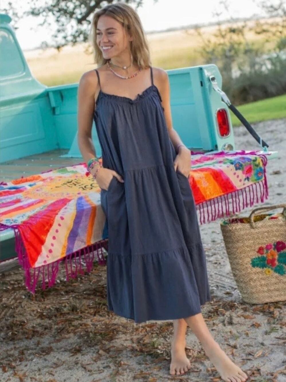 Natural Life Navy Blue Cotton Tiered Maxi Dress Sz.M